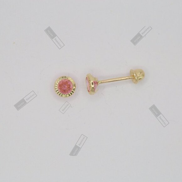 14K Solid Yellow Gold Round Pink CZ Stud Earrings • 4mm Feminine Elegant Design. - Picture 4 of 9